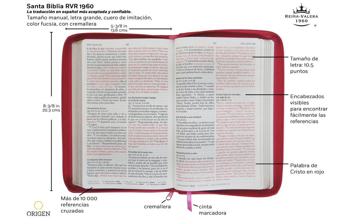 Biblia Reina Valera 1960 letra grande. Símil piel fucsia, cremallera, tamaño manual / Spanish Holy Bible RVR 1960. Handy Size, Large Print, Leathersoft, Zipp interior 1 (ISBN 9781644731017)