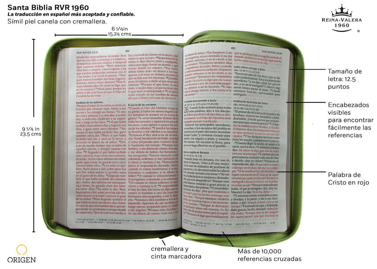 Biblia Reina Valera 1960 Tamaño grande, letra grande piel verde con cremallera / Spanish Holy Bible RVR 1960. Large Size, Large Print Green Leather with Zippe interior 2 (ISBN 9781644732212)