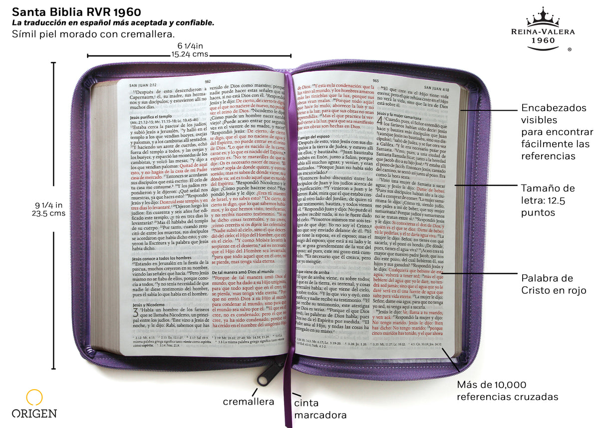 Biblia Reina Valera 1960 Tamaño grande, letra grande piel morada con cremallera / Spanish Holy Bible RVR 1960 Large Size Large Print Purple Leather with Zipper interior 3 (ISBN 9781644732229)