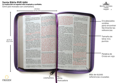 Biblia Reina Valera 1960 Tamaño grande, letra grande piel morada con cremallera / Spanish Holy Bible RVR 1960 Large Size Large Print Purple Leather with Zipper interior 3 (ISBN 9781644732229)