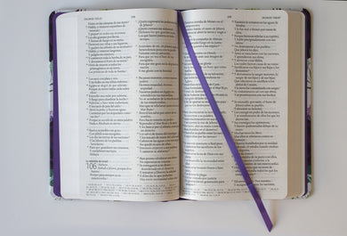 Biblia RVR1960 Tapa dura y tela morada con flores tamaño manual / Spanish Bible RVR 1960 Handy Size Large Print Hardcover Cloth with Purple Floral interior 2 (ISBN 9781644733882)