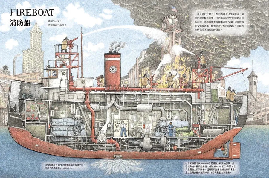 上船囉!跟著航海爸爸出海去【小剖面大驚奇.大船祕密機關手繪圖解】(STEAM科學素養):從捕蟹船到海巡艦、從消防船、渡輪到研究船,海上英雄工作大公開