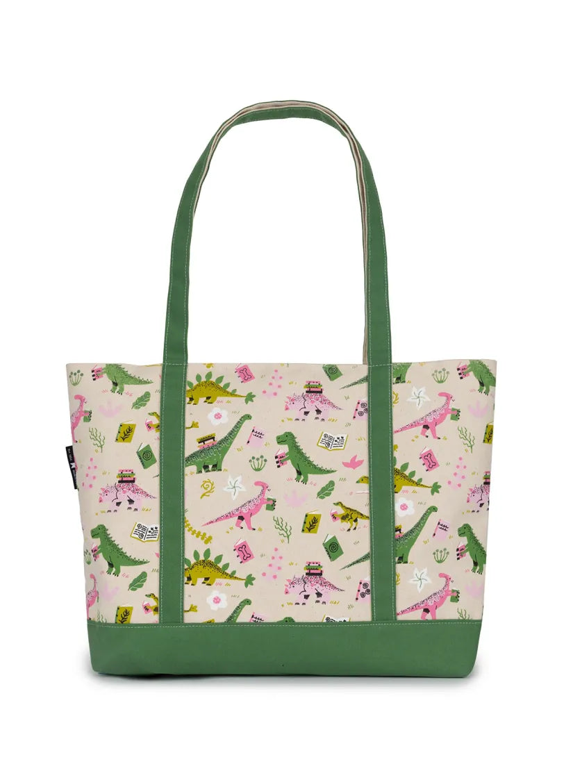 Prehistoric Dinosaur Reads Large Zippered Tote US - Tote bag