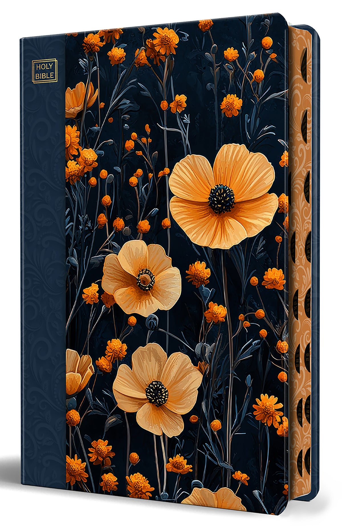 KJV Holy Bible, Large Print Handy Size format, Hardcover, Dark Blue and Orange flower, page edge design, Thumb Index, Ribbon Marker, and Red Letter