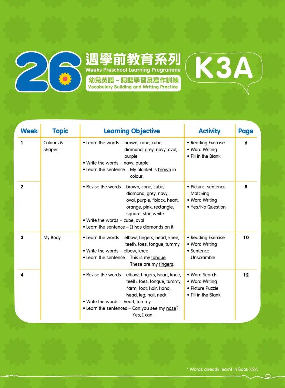 幼兒英語 - 詞語學習及寫作訓練 - 26週學前教育系列 (小一必學400個英文生字)-補充練習: 英文科 English-買書書 BuyBookBook
