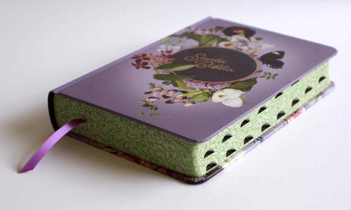 Biblia Reina Valera letra gigante, tapa dura, flores moradas, con cantos pintados e índice / Spanish Bible Reina Valera Giant Print, Hardcover Purple Flowers interior 1 (ISBN 9798890985637) [onix:79bd75e246808b693beb16987b012a09]