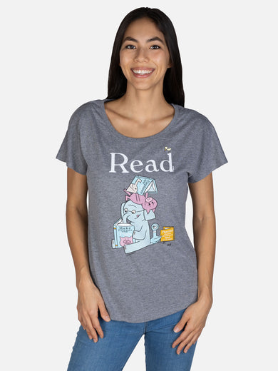 ELEPHANT & PIGGIE Read (Gray) Women's Relaxed Fit T-Shirt X-Small interior 1 (ISBN 9780593770603)