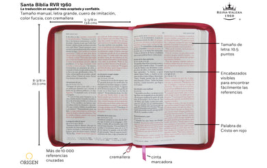 Biblia Reina Valera 1960 letra grande. Símil piel fucsia, cremallera, tamaño manual / Spanish Holy Bible RVR 1960. Handy Size, Large Print, Leathersoft, Zipp interior 1 (ISBN 9781644731017)