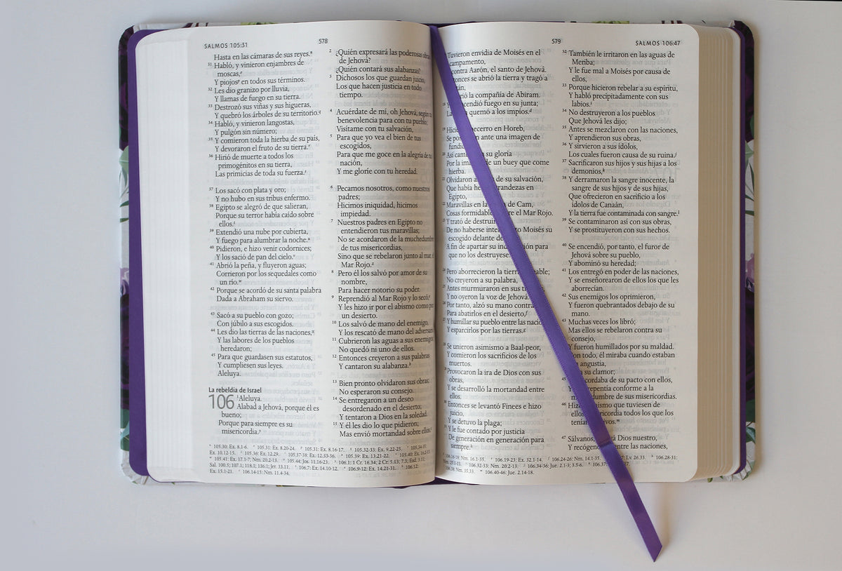 Biblia RVR1960 Tapa dura y tela morada con flores tamaño manual / Spanish Bible RVR 1960 Handy Size Large Print Hardcover Cloth with Purple Floral interior 2 (ISBN 9781644733882)