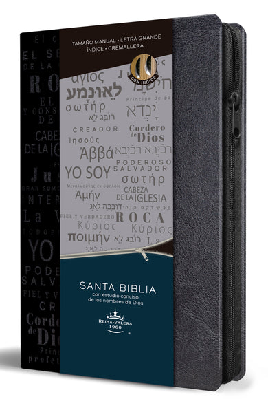 Biblia RVR 1960 Nombres de Dios letra grande tamaño manual con índice y cremallera color negro / Spanish Bible RVR60 Handy Size Black Names of God Index Zippe cover (ISBN 9781644736708)