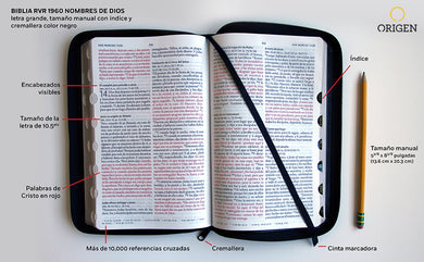 Biblia RVR 1960 Nombres de Dios letra grande tamaño manual con índice y cremallera color negro / Spanish Bible RVR60 Handy Size Black Names of God Index Zippe interior 1 (ISBN 9781644736708)