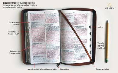 Biblia RVR 1960 letra grande tamaño manual cremallera e índice canela nombres de Dios / Spanish Bible RV60 Handy Size Large Print Brown Names of God Index Zi interior 1 (ISBN 9781644736715)