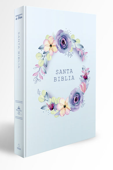 Biblia RVR 1960 letra grande, manual, tapa dura con nombres de Dios, flores azul / Spanish Bible RVR 1960 Handy Size, LP, HC with Names of God, blue flowers cover (ISBN 9781644737132)