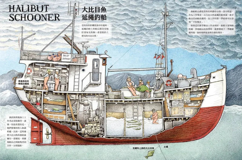 上船囉！跟著航海爸爸出海去【小剖面大驚奇．大船祕密機關手繪圖解】（STEAM科學素養)：從捕蟹船到海巡艦、從消防船、渡輪到研究船，海上英雄工作大公開