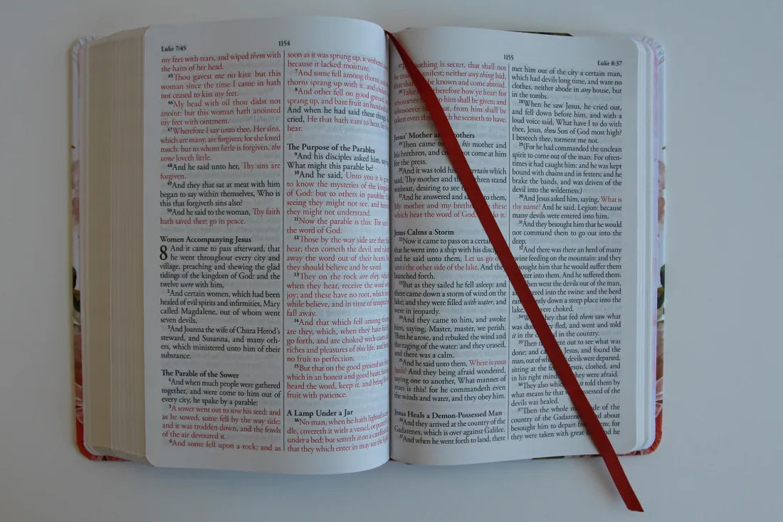 KJV Holy Bible, Large Print Medium Format, Pink Cloth Hardcover with Floral Design, Ribbon Marker, Red Letter US - Hardback
