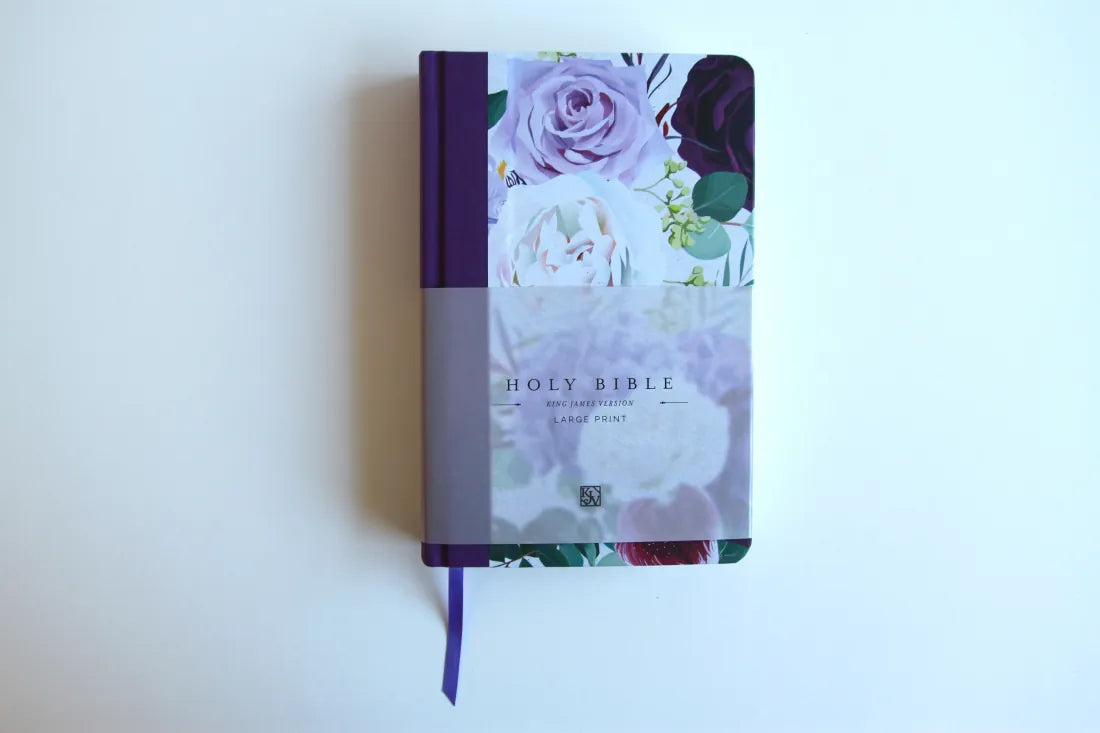 KJV Holy Bible, Large Print Medium Format, Purple Cloth Hardcover with Floral Design, Ribbon Marker, Red Letter US - Hardback