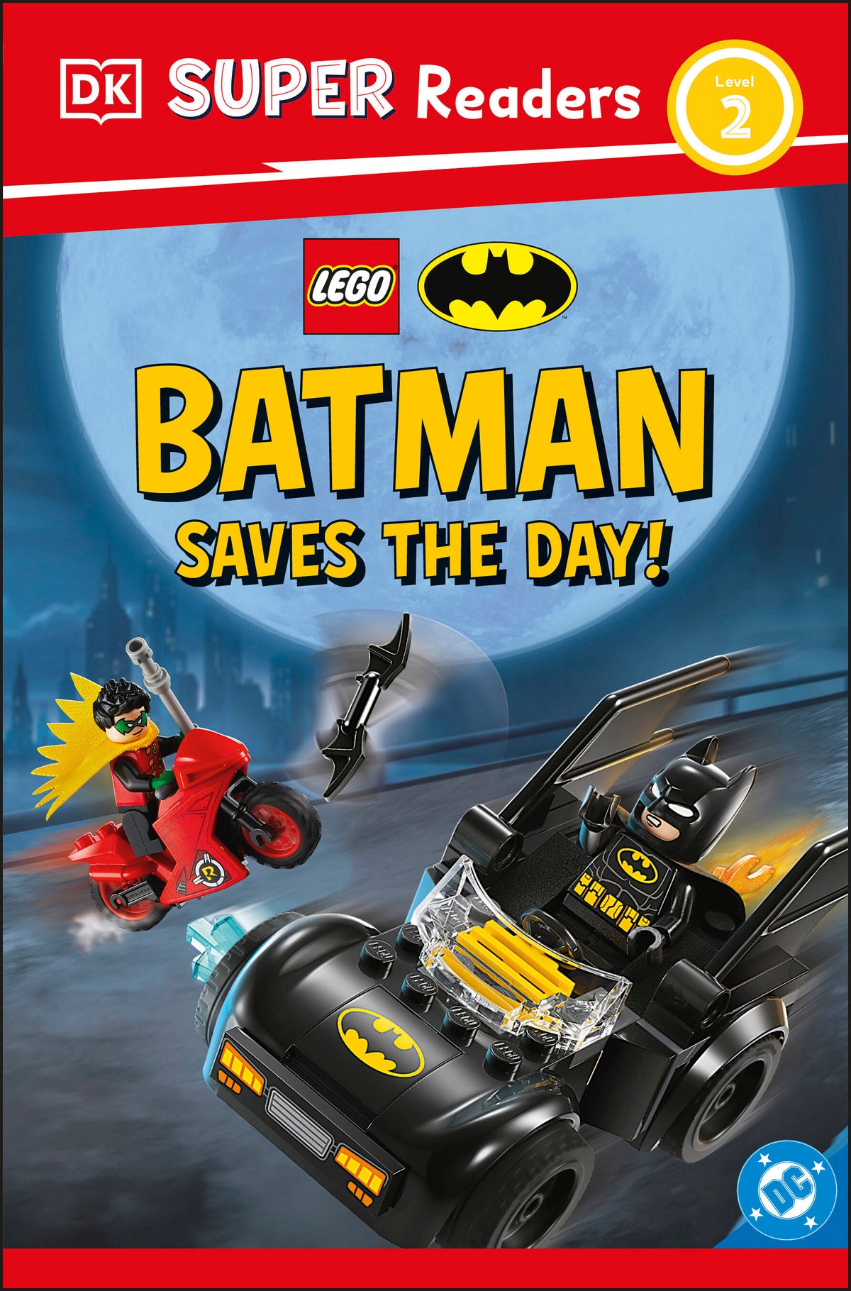 DK Super Readers Level 2 LEGO DC Batman: Batman Saves the Day! cover (ISBN 9798217317561) [onix-asset:78449aa585f8e4a484876fb36818320f753aa390af14b57f0bd4e6b972ad1c55]