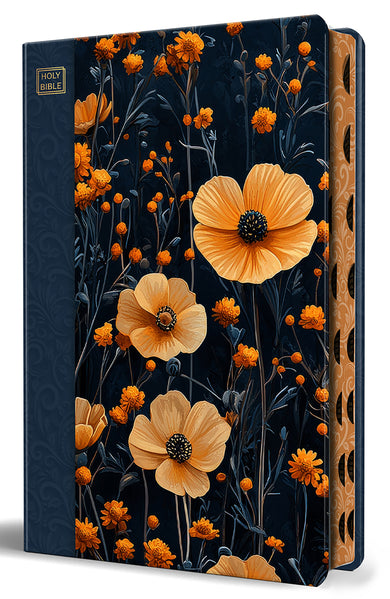 KJV Holy Bible, Large Print Handy Size format, Hardcover, Dark Blue and Orange flower, page edge design, Thumb Index, Ribbon Marker, and Red Letter